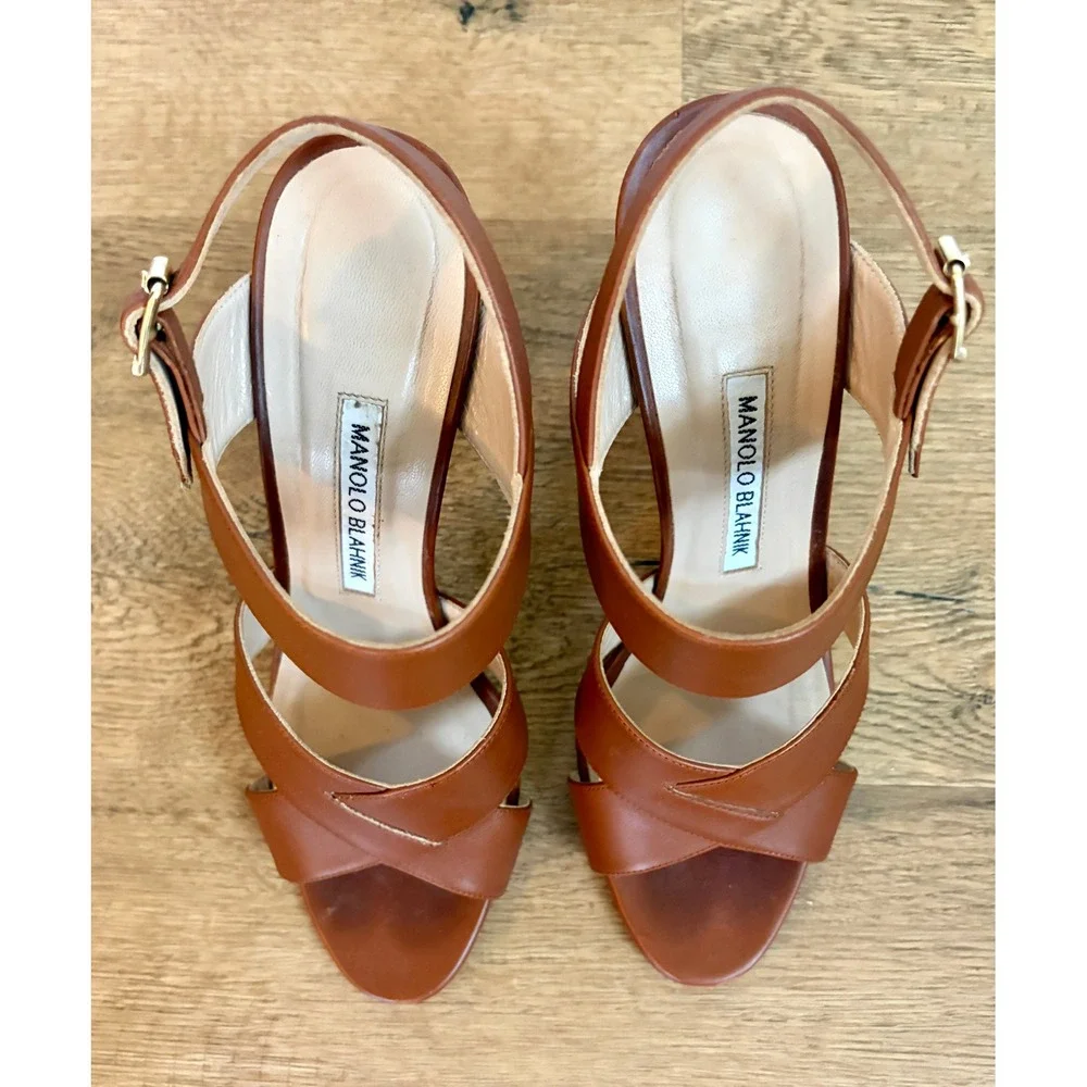 Manolo Blahnik Gorham Brown Leather Slingback Block Heel Sandals 38.5 8.5